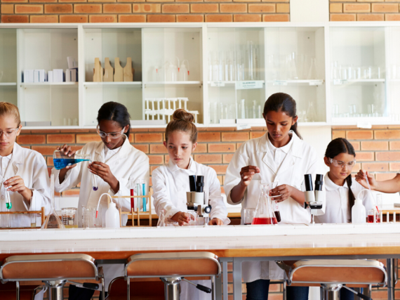 Six girls work on an experiment in a school chemistry lab