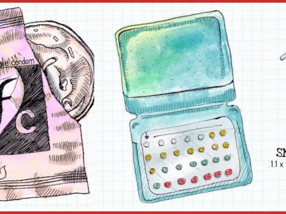 Hand drawn images of a female condom, birth control pill packs, and an IUD