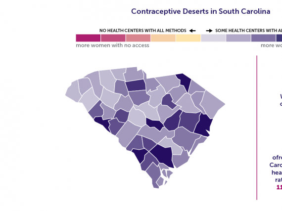 A map of South Carolina showing the contraceptive deserts by county. 