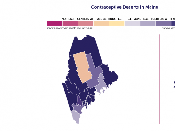 A map of Maine showing the contraceptive deserts by county. 