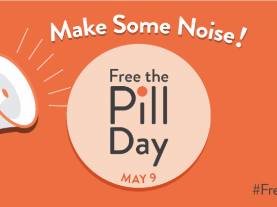 A graphic of a bullhorn with the words, "Make some noise! Free the pill day, May 9"