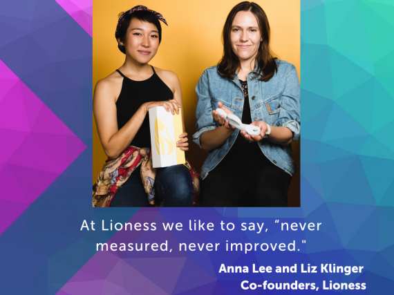 A photo of Lioness co-founders and a quote from the interview, "At Lioness we like to say, 'never measured, never improved.'"