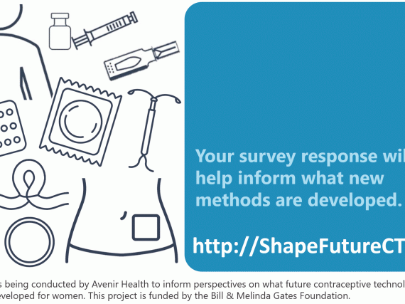 An illustration of a number of forms of birth control alongside the words, "Your survey response will help inform what new methods are development. http://ShapeFutureCT.org"