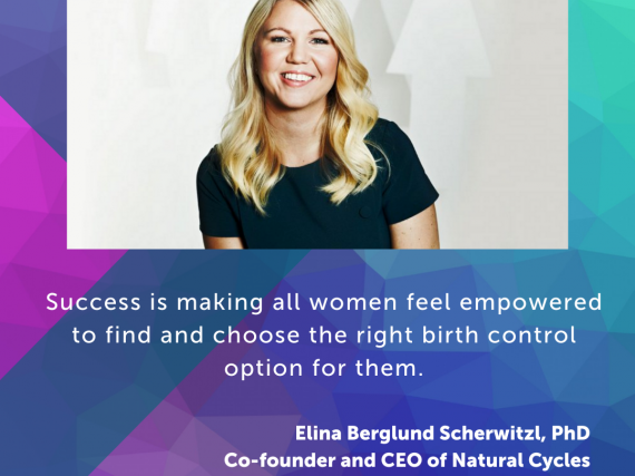 A photo of Berglund Scherwitzl and a quote from the interview, "Success is making all women feel empowered to find and choose the right birth control option for them."