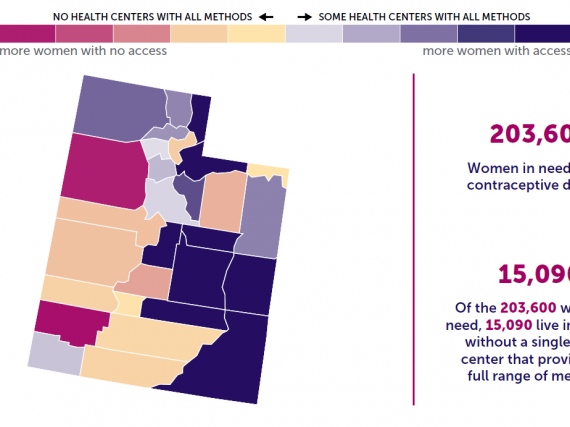 A map of Utah showing the levels of contraceptive access by county. 