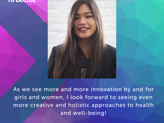 A headshot of Casalme and a quote from the interview, "As we see more and more innovation by and for girls and women, I look forward to seeing even more creative and holistic approaches to health and well-being."