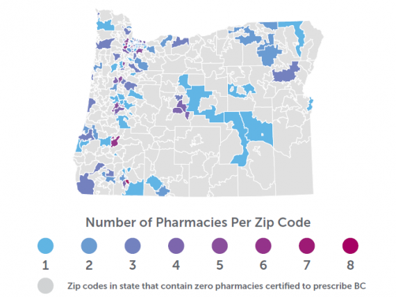 A map of the state of Oregon showing the number of pharmacies per zip code that prescribe birth control. 