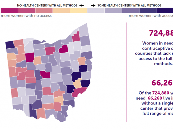 A map of the state of Ohio showing birth control access by county. 
