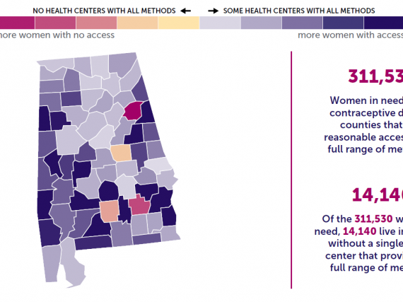 A map of Alabama showing the levels of contraceptive access by county. 