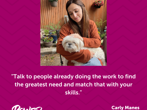 A photo of Manes and her dog alongside a quote from the interview, "Talk to people already doing the work to find the greatest need and math that with your skills."