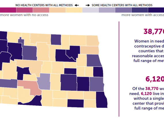 A map of North Dakota showing the levels of contraceptive access by county. 