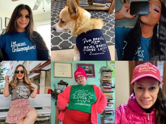 Six photos from social media of people and animals wearing ThxBirthControl merch. 