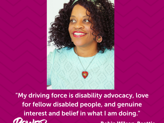 A photo of Wilson-Beattie and a quote from the interview, "My driving force is disability advocacy, love for fellow disabled people, and genuine interest and belief in what I am doing."