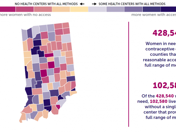 A map of Indiana showing the levels of contraceptive access by county. 