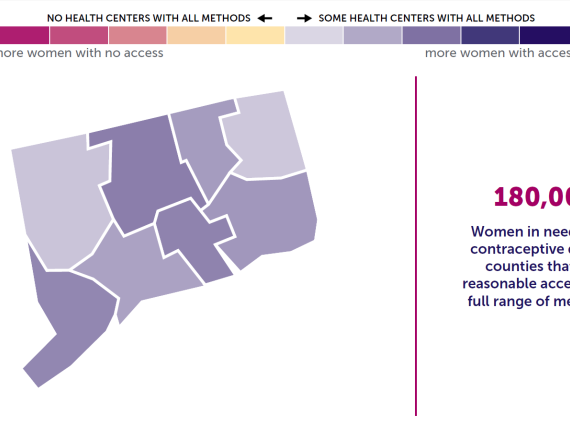 A map of Connecticut showing the levels of contraceptive access by county. 