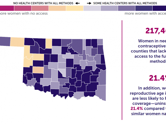 A map of Oklahoma showing the levels of contraceptive access by county. 