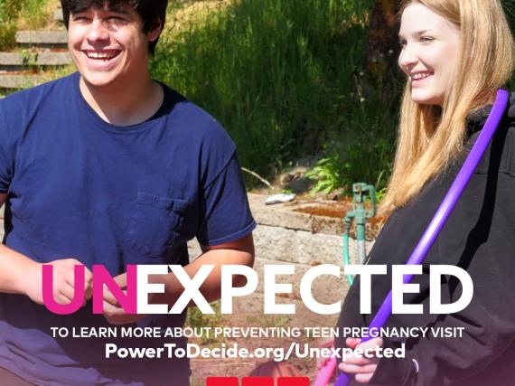 A still of Kylen and Mason laughing outside with the text, "Unexpected. To learn more about preventing teen pregnancy visit powertodecide.org/unexpected TLC."