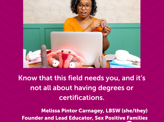 A photo of Melissa Pintor Carnagey at work and a quote from the interview, "Know that this field needs you, and it's not all about having degrees or certifications."