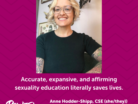A photo of Anne Hodder-Shipp and a quote from the interview, "Accurate, expansive, and affirming sexuality education literally saves lives."