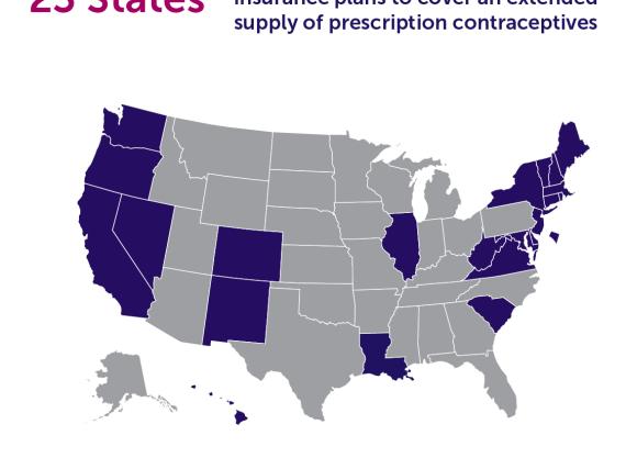 A map of the US showing which of the 23 states have extended supply of contraception. 