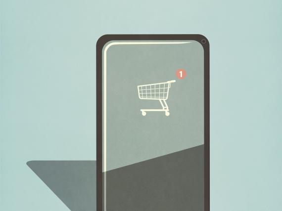 A graphic of a phone with a shopping cart displayed on the screen. 