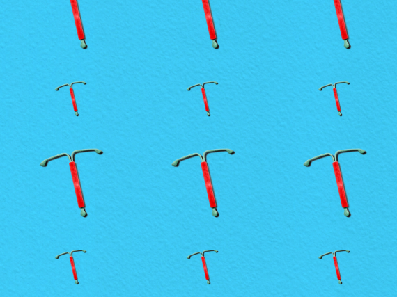 A repeating background of red IUDs against a solid blue. 