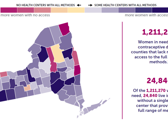 A map of the state of New York showing birth control access by county. 