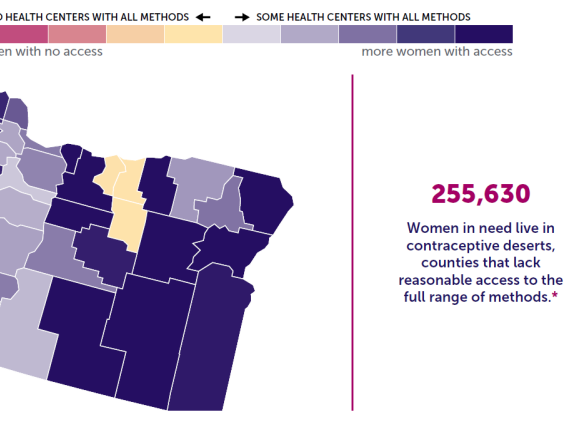 A map of the state of Oregon showing birth control access by county. 