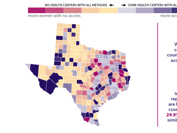 A map of the state of Texas showing birth control access by county. 