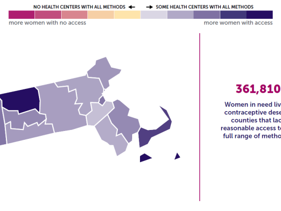 A map of Massachusetts showing the levels of contraceptive access by county. 