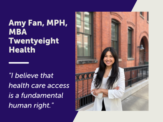 A photo of Amy Fan and a quote from the interview, "I believe that health care access is a fundamental human right."