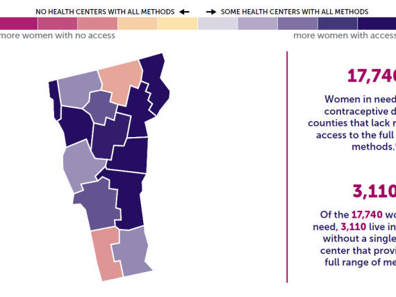 A map of Vermont showing the levels of contraceptive access by county. 