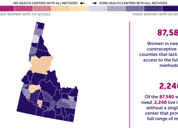 A map of Idaho showing the levels of contraceptive access by county. 
