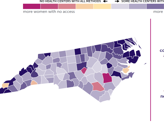 A map of the state of North Carolina showing birth control access by county. 