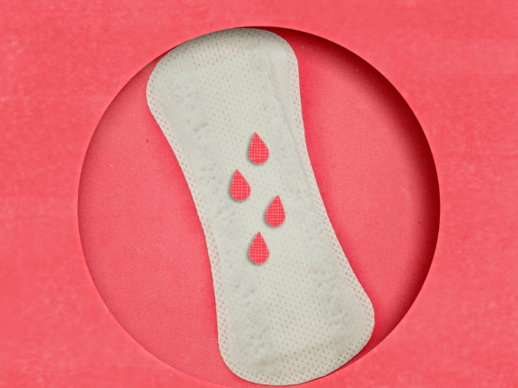 An illustration a white pad with drops of blood on it set in a background of red. 