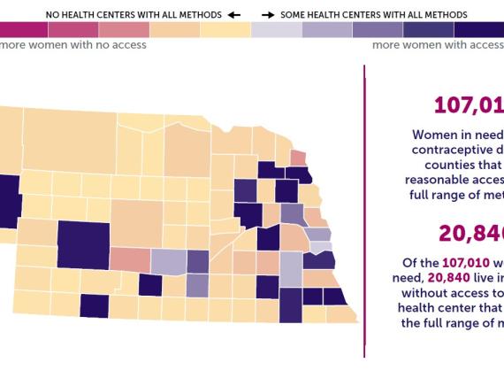 A map of Nebraska showing the levels of contraceptive access by county. 