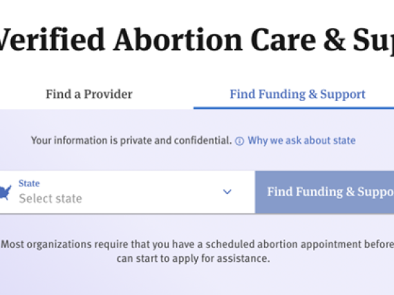 A screenshot of AbortionFinder.org's page to find financial and practical assistance.