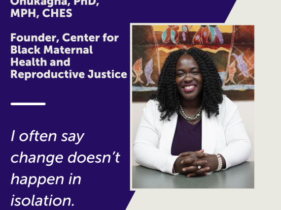 A photo of Amutah-Onukagha and a quote from her interview, "I often say change doesn't happen in isolation." 