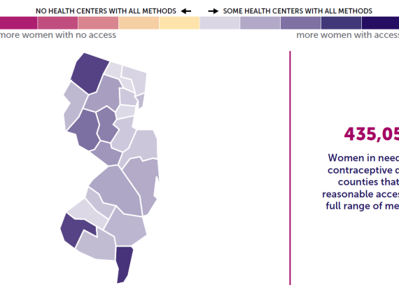 A map of the state of New Jersey showing birth control access by county. 