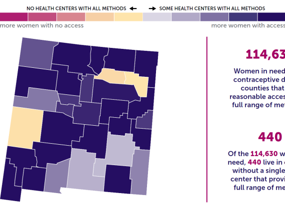 A map of the state of New Mexico showing birth control access by county. 