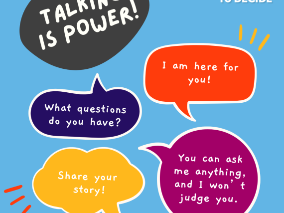 A graphic showing various speech bubbles asking questions about sex, love, and relationships. The largest bubble says, "Talking is Power."