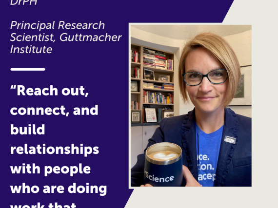 A photo of Megan Kavanaugh and a quote from her interview, "Reach out, connect, and build relationships with people who are doing work that inspires you."