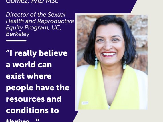 A photo of Anu Manchikanti Gomez and a quote from the interview, which reads, "I really believe a world can exist where people have the resources and conditions to thrive."