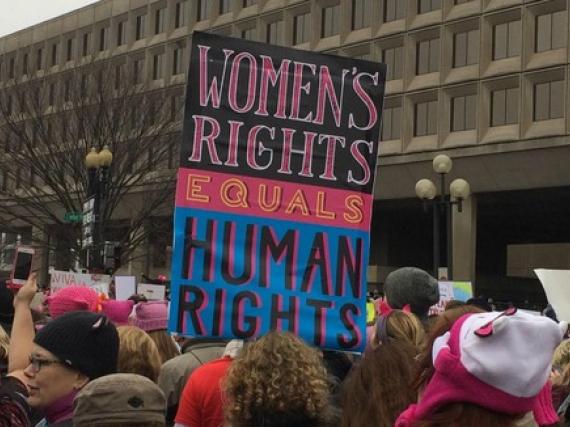 A sign at a protest that reads, "Women's rights are human rights"
