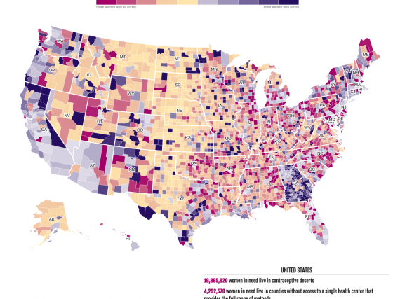 A map of contraceptive deserts in the US without Title X