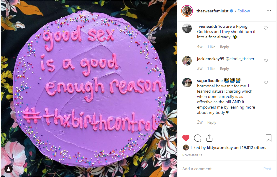 A screenshot from Instagram of the Sweet Feminist saying, "Thanks, Birth Control."