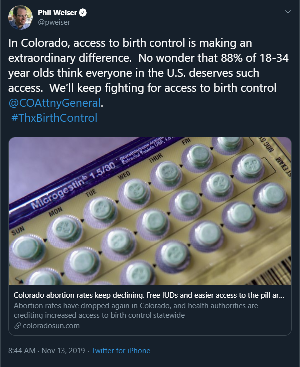 A screenshot from Twitter of Phil Weiser saying, "Thanks, Birth Control."