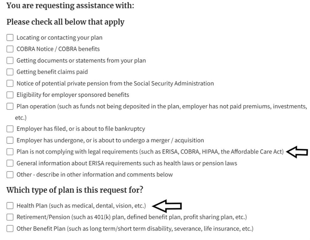 A screenshot of the first half of the the first section of "request assistance from a benefits advisory."