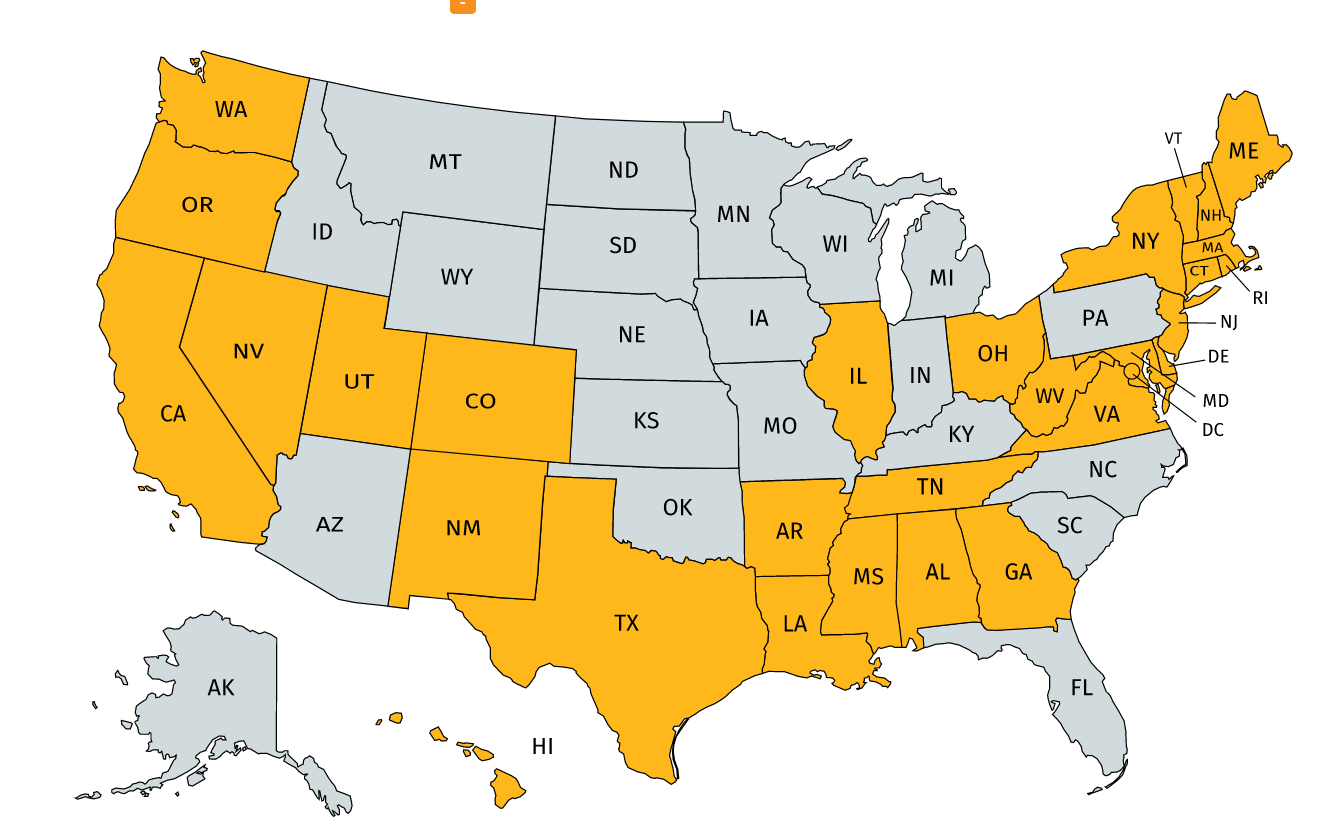A map of the US with the states who have passed legislation to expand access to bc